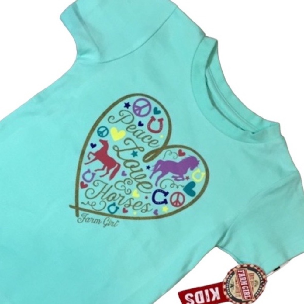 Farm Girl 4T Mint Green Peace Love & Horses Heart Short Sleeve Crewneck Tee